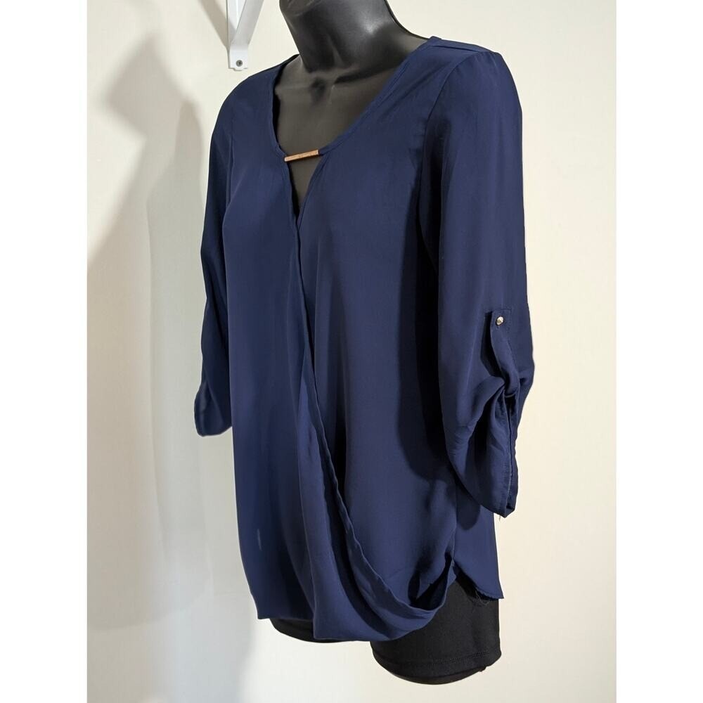 Rue21 Navy Blue Crossover Drape 3/4 Sleeve Loose Fit Blouse- Size XSmall - Picture 2 of 4